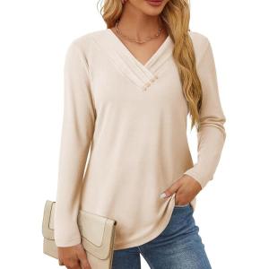 image:imageSHEWIN Women Long Sleeve Lightweight Tunic Tops Casual V Neck Pleated Button Warm Tee Shirts 2026Beige