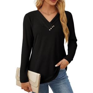 image:imageSHEWIN Women Long Sleeve Lightweight Tunic Tops Casual V Neck Pleated Button Warm Tee Shirts 2026Black