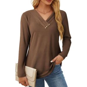 image:imageSHEWIN Women Long Sleeve Lightweight Tunic Tops Casual V Neck Pleated Button Warm Tee Shirts 2026Coffee