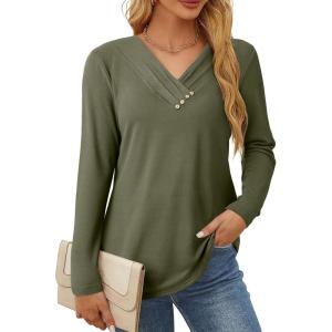 image:imageSHEWIN Women Long Sleeve Lightweight Tunic Tops Casual V Neck Pleated Button Warm Tee Shirts 2026Four Leaf Clover