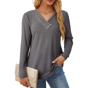 image:imageSHEWIN Women Long Sleeve Lightweight Tunic Tops Casual V Neck Pleated Button Warm Tee Shirts 2026Gray