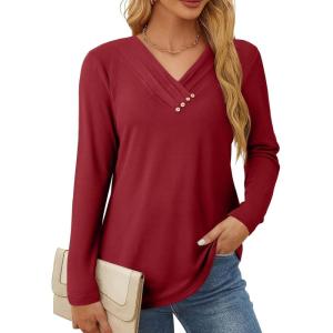 image:imageSHEWIN Women Long Sleeve Lightweight Tunic Tops Casual V Neck Pleated Button Warm Tee Shirts 2026Red