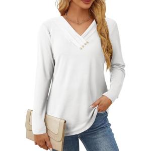 image:imageSHEWIN Women Long Sleeve Lightweight Tunic Tops Casual V Neck Pleated Button Warm Tee Shirts 2026White