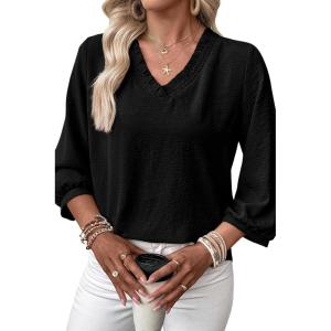 image:imageSHEWIN Women Smocked Neck Tops 34 Sleeve Loose Fit Shirts Business Dressy Casual 2026Black