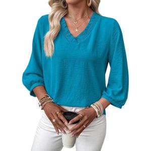 image:imageSHEWIN Women Smocked Neck Tops 34 Sleeve Loose Fit Shirts Business Dressy Casual 2026Blue