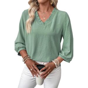 image:imageSHEWIN Women Smocked Neck Tops 34 Sleeve Loose Fit Shirts Business Dressy Casual 2026Green