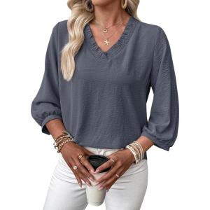 image:imageSHEWIN Women Smocked Neck Tops 34 Sleeve Loose Fit Shirts Business Dressy Casual 2026Grey