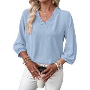 image:imageSHEWIN Women Smocked Neck Tops 34 Sleeve Loose Fit Shirts Business Dressy Casual 2026Light Blue