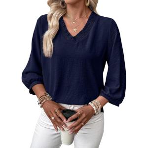 image:imageSHEWIN Women Smocked Neck Tops 34 Sleeve Loose Fit Shirts Business Dressy Casual 2026Navy Blue