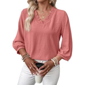 image:imageSHEWIN Women Smocked Neck Tops 34 Sleeve Loose Fit Shirts Business Dressy Casual 2026Pink