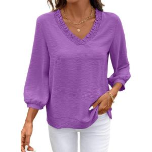 image:imageSHEWIN Women Smocked Neck Tops 34 Sleeve Loose Fit Shirts Business Dressy Casual 2026Purple
