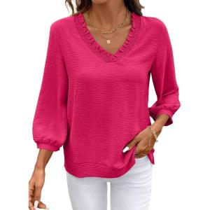 image:imageSHEWIN Women Smocked Neck Tops 34 Sleeve Loose Fit Shirts Business Dressy Casual 2026Rose Red