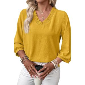 image:imageSHEWIN Women Smocked Neck Tops 34 Sleeve Loose Fit Shirts Business Dressy Casual 2026Yellow