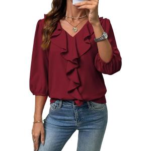 image:imageSHEWIN Womens Blouses Dressy Casual 34 Length Sleeve Work Shirts Business Casual Tops Spring Outfits for Women 2026Burgundy