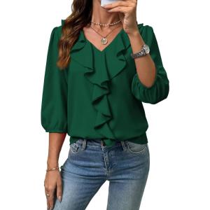 image:imageSHEWIN Womens Blouses Dressy Casual 34 Length Sleeve Work Shirts Business Casual Tops Spring Outfits for Women 2026Dark Green