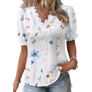 image:imageSHEWIN Womens Blouses Dressy Casual Lace V Neck Floral Tops Pulllover Short Sleeve Shirts Cute Summer Tops for Women 2026A1 White