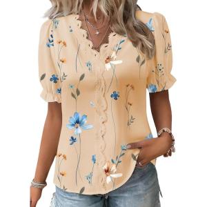 image:imageSHEWIN Womens Blouses Dressy Casual Lace V Neck Floral Tops Pulllover Short Sleeve Shirts Cute Summer Tops for Women 2026Apricot