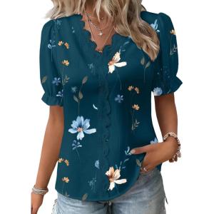 image:imageSHEWIN Womens Blouses Dressy Casual Lace V Neck Floral Tops Pulllover Short Sleeve Shirts Cute Summer Tops for Women 2026Blue Sapphire