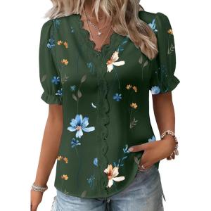 image:imageSHEWIN Womens Blouses Dressy Casual Lace V Neck Floral Tops Pulllover Short Sleeve Shirts Cute Summer Tops for Women 2026Green