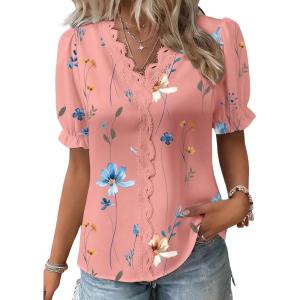 image:imageSHEWIN Womens Blouses Dressy Casual Lace V Neck Floral Tops Pulllover Short Sleeve Shirts Cute Summer Tops for Women 2026Pink