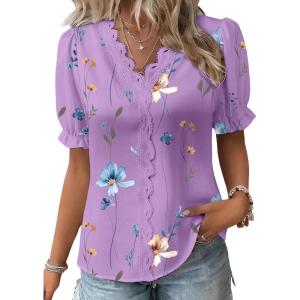 image:imageSHEWIN Womens Blouses Dressy Casual Lace V Neck Floral Tops Pulllover Short Sleeve Shirts Cute Summer Tops for Women 2026Purple