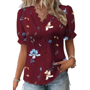 image:imageSHEWIN Womens Blouses Dressy Casual Lace V Neck Floral Tops Pulllover Short Sleeve Shirts Cute Summer Tops for Women 2026Red