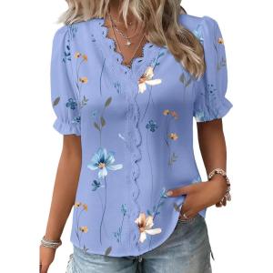 image:imageSHEWIN Womens Blouses Dressy Casual Lace V Neck Floral Tops Pulllover Short Sleeve Shirts Cute Summer Tops for Women 2026Sky Blue