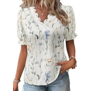 image:imageSHEWIN Womens Blouses Dressy Casual Lace V Neck Floral Tops Pulllover Short Sleeve Shirts Cute Summer Tops for Women 2026White