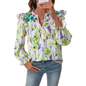 image:imageSHEWIN Womens Blouses Split V Neck Mixed Floral Print Long Sleeve Chiffon Fall Tops Striped Trim ShirtsForal Green