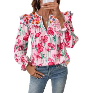 image:imageSHEWIN Womens Blouses Split V Neck Mixed Floral Print Long Sleeve Chiffon Fall Tops Striped Trim ShirtsForal Pink