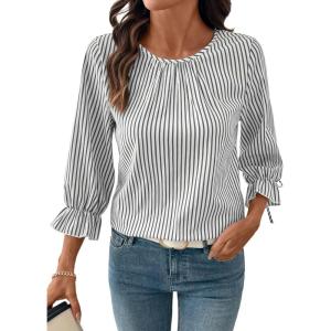 image:imageSHEWIN Womens Blouses Summer Striped Crewneck 34 Tie Sleeve Tops with Button Decoration On BackBlack Stripe