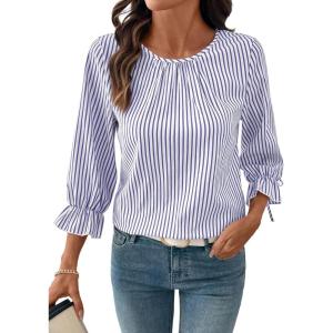 image:imageSHEWIN Womens Blouses Summer Striped Crewneck 34 Tie Sleeve Tops with Button Decoration On BackNavy Stripe