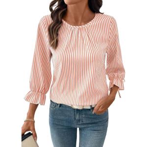 image:imageSHEWIN Womens Blouses Summer Striped Crewneck 34 Tie Sleeve Tops with Button Decoration On BackOrange Stripe