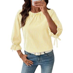 image:imageSHEWIN Womens Blouses Summer Striped Crewneck 34 Tie Sleeve Tops with Button Decoration On BackYellow Stripe