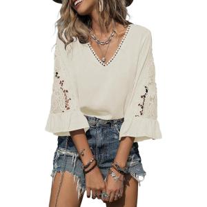 image:imageSHEWIN Womens Blouses V Neck T Shirts Pullover 34 Length Sleeve Tops Business Casual Spring Outfits for Women 2026Beige