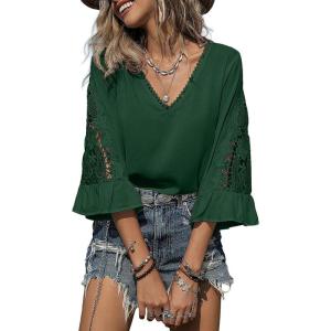 image:imageSHEWIN Womens Blouses V Neck T Shirts Pullover 34 Length Sleeve Tops Business Casual Spring Outfits for Women 2026Blackish Green