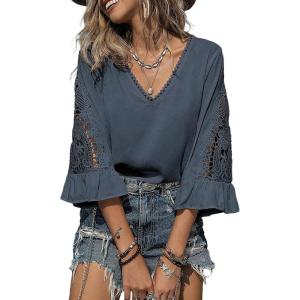 image:imageSHEWIN Womens Blouses V Neck T Shirts Pullover 34 Length Sleeve Tops Business Casual Spring Outfits for Women 2026Dirty Blue