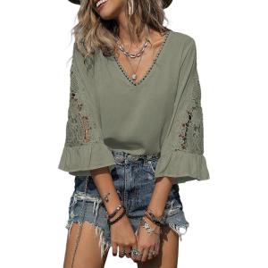 image:imageSHEWIN Womens Blouses V Neck T Shirts Pullover 34 Length Sleeve Tops Business Casual Spring Outfits for Women 2026Green