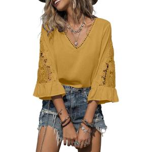 image:imageSHEWIN Womens Blouses V Neck T Shirts Pullover 34 Length Sleeve Tops Business Casual Spring Outfits for Women 2026Yellow