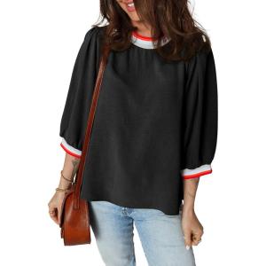 image:imageSHEWIN Womens Casual Crewneck Color Block Chiffon Blouses 34 Sleeve Length Womens Tops ShirtsBlack