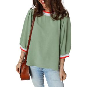 image:imageSHEWIN Womens Casual Crewneck Color Block Chiffon Blouses 34 Sleeve Length Womens Tops ShirtsGreen