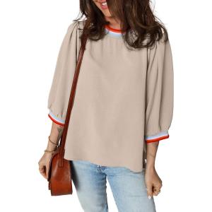 image:imageSHEWIN Womens Casual Crewneck Color Block Chiffon Blouses 34 Sleeve Length Womens Tops ShirtsParchment