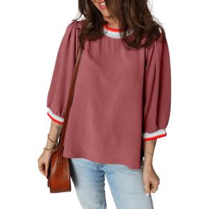 image:imageSHEWIN Womens Casual Crewneck Color Block Chiffon Blouses 34 Sleeve Length Womens Tops ShirtsRed