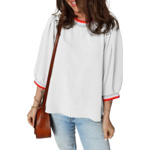 image:imageSHEWIN Womens Casual Crewneck Color Block Chiffon Blouses 34 Sleeve Length Womens Tops ShirtsWhite