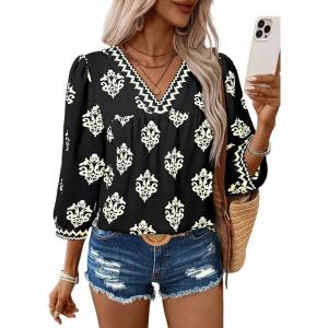 image:imageSHEWIN Womens Casual V Neck Floral Print Chiffon Blouses 34 Sleeve Boho Summer Tops ShirtsBlack