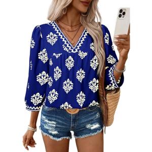 image:imageSHEWIN Womens Casual V Neck Floral Print Chiffon Blouses 34 Sleeve Boho Summer Tops ShirtsBlue