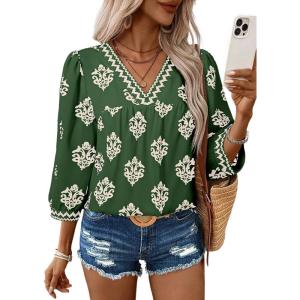 image:imageSHEWIN Womens Casual V Neck Floral Print Chiffon Blouses 34 Sleeve Boho Summer Tops ShirtsDark Green