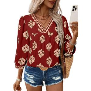 image:imageSHEWIN Womens Casual V Neck Floral Print Chiffon Blouses 34 Sleeve Boho Summer Tops ShirtsDark Red