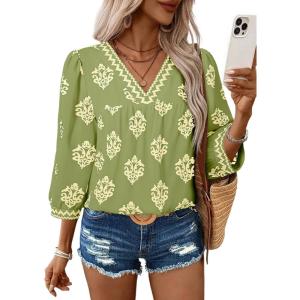 image:imageSHEWIN Womens Casual V Neck Floral Print Chiffon Blouses 34 Sleeve Boho Summer Tops ShirtsGreen