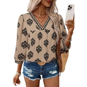 image:imageSHEWIN Womens Casual V Neck Floral Print Chiffon Blouses 34 Sleeve Boho Summer Tops ShirtsKhaki